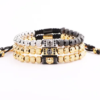 JARAVVI New Cute Design Stainless Steel Beads CZ Gold Skull Charm Macrame Bracelet Men