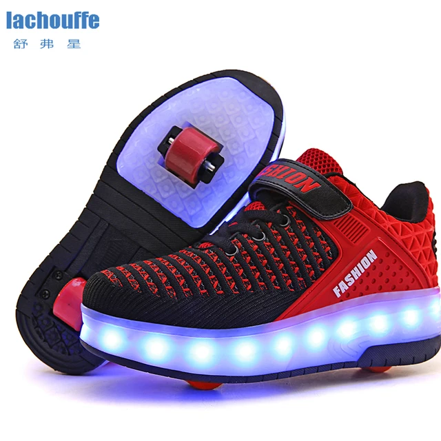 US $26.66 Unisex LED Lighting Shoes Boys Roller Skate Sneakers with Single/two Wheels Children Glowing Light 