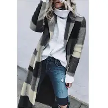 Осенний кардиган, зимнее Ретро клетчатое шерстяное пальто с карманами, женская одежда, Свободное длинное пальто