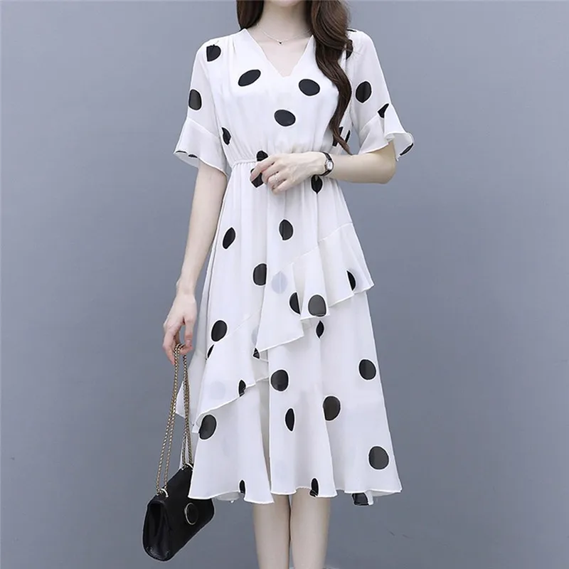 Plus Size Dress Women Fashion Summer V-Neck Knee Length Short Sleeve Wave Point Elegant Temperament Vestidos Mujer | Женская одежда