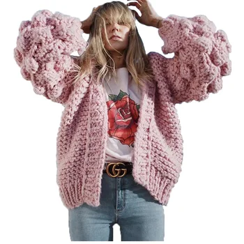 

BADAMANA New Fashion Lantern Sleeve women knitted Vintage cardigan sweater Hand knitted short cardigan jumper Casual female