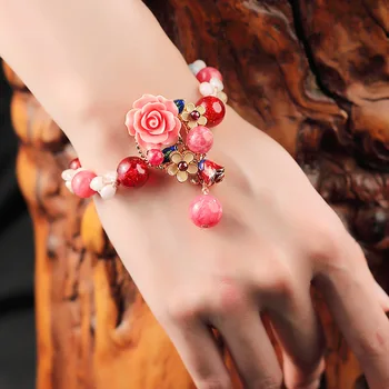 

Drop Shipping Pink Color Beads Stone Multilayer Beaded Flower Bracelets Set for Women Charm Party Jewelry Gift