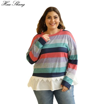 

5XL Plus Size Autumn Winter Blouse Women O Neck Long Sleeve Colorful Striped Tunic Tops Lace Patchwork Loose Oversized Tops