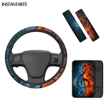 

INSTANTARTS Stylish Ice and Fire Notes Pattern Washable Steering Wheel Cover Soft Car Armrest Pad Non Fade Seatbelt Shoulder Pad