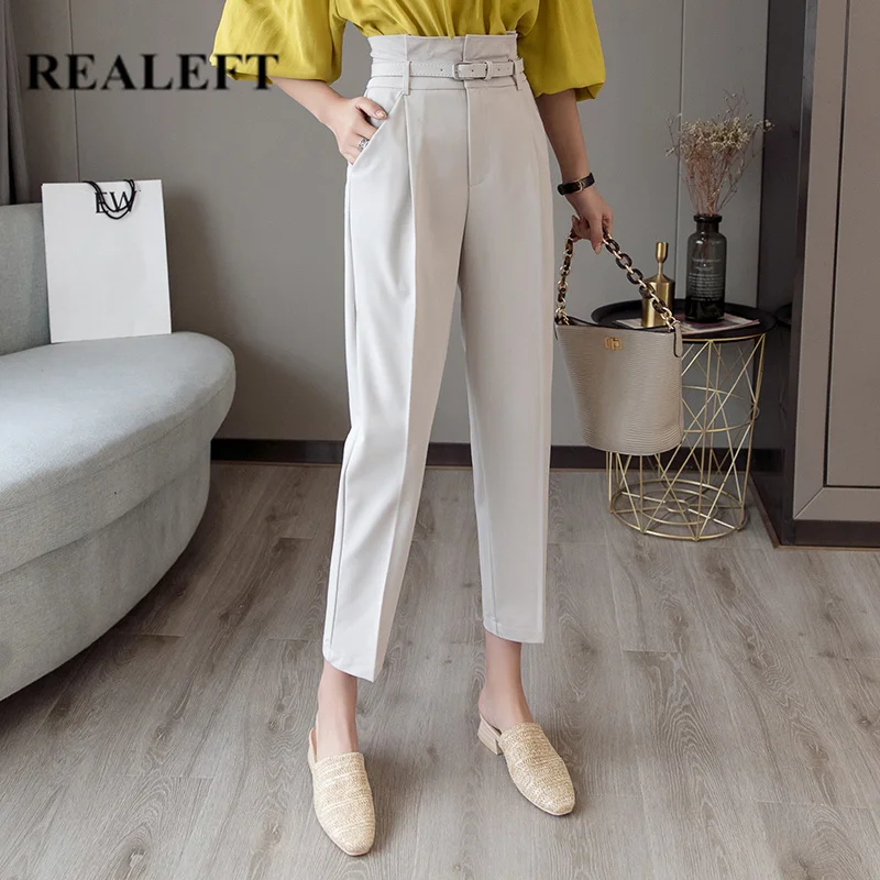 

REALEFT OL Style White Women Pants Casual Pencil Pants with Belt High Waist Elegant Work Trousers Female Casual 2019 New Arrival