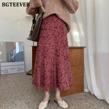 BGTEEVER женские Юбки Русалки с эластичной талией и цветочным принтом, женские вельветовые юбки осень-зима, юбки средней длины