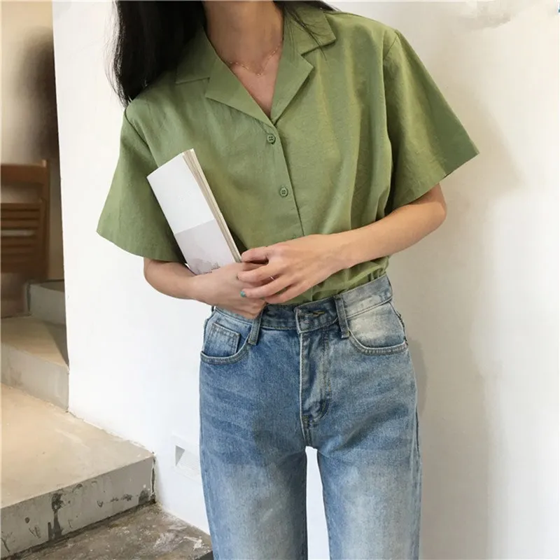 

Nice Summer Women V-Neck Casual Blouses Fashion Short Sleeve Shirt Office Work Solid Simple Cotton Tops Loose Clothes