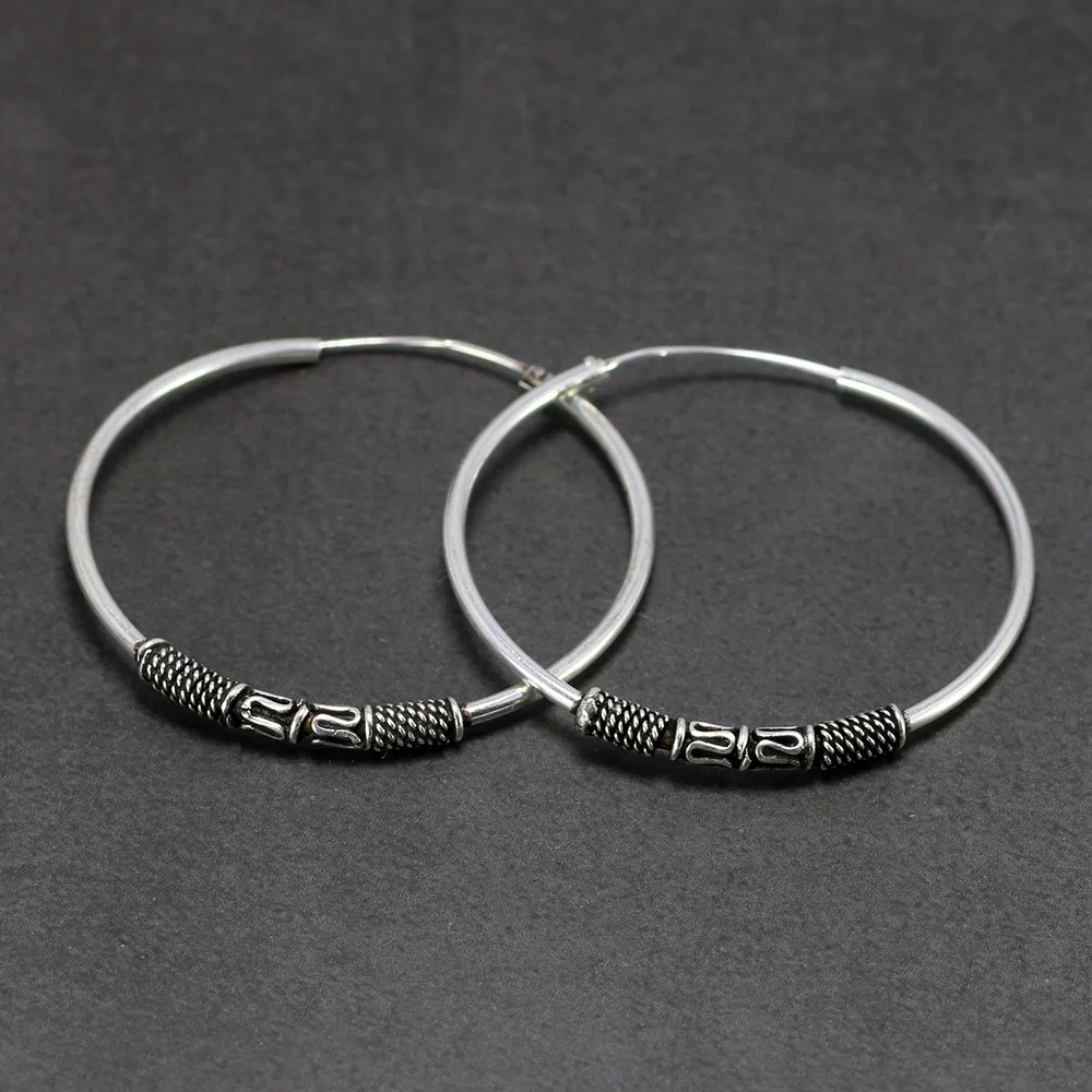 

35mm Big Hoop Earrings For Women With Peaceful Coils 925 Sterling Silver Round Circle Earring Retro Antique Thai Silver Jewelry