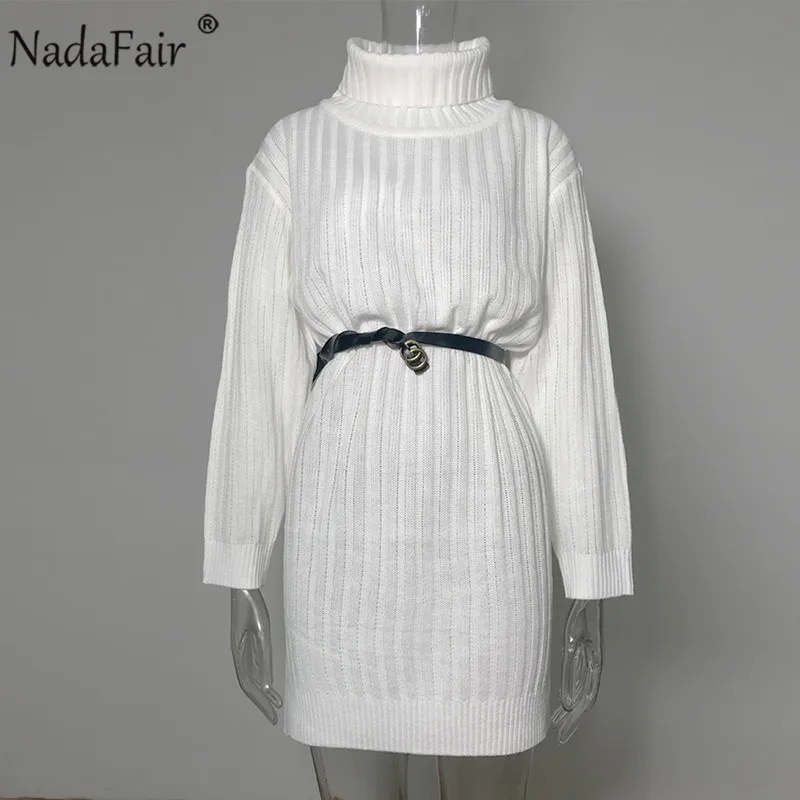 Nadafair белый свитер платья Рождество одноцветное с длинным рукавом Мини повседневное свободное водолазка вязаное зимнее платье для женщин Vestidos