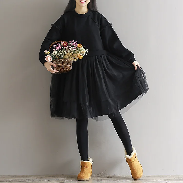 Mori girl robe Femme зимнее бархатное плотное платье-свитер с круглым вырезом и длинными рукавами, Сетчатое лоскутное теплое винтажное платье AF837