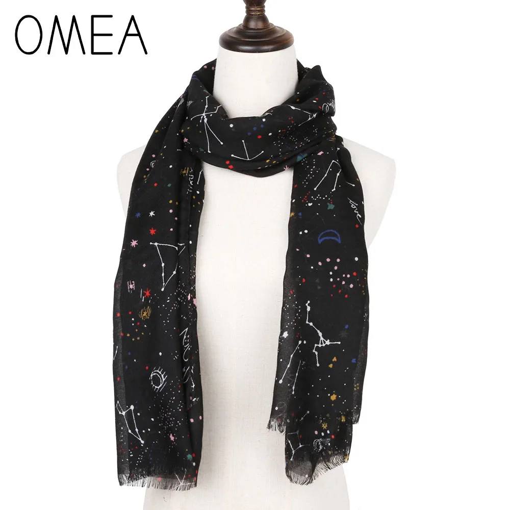 OMEA Черный мультфильм звездное небо шелковый шарф для женщин шаль и обертывания шифон хиджаб платок на голову Бесконечность шарф для дам Созвездие