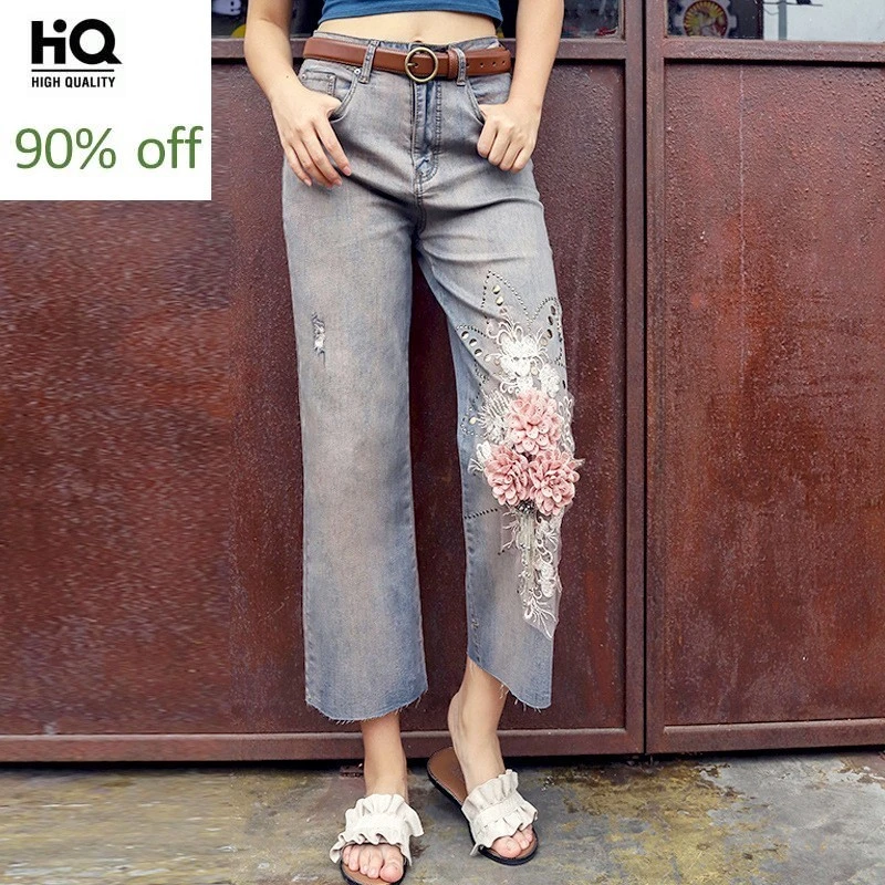 vaqueros de pierna ancha de mezclilla larga hasta el tobillo de cintura alta con aplicaciones rasgadas Vintage finas de verano para mujer|Pantalones vaqueros| - AliExpress