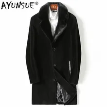 AYUNSUE, зимняя куртка, Мужская, натуральный мех, пальто, длинная овчина, шерсть, пальто, норка, меховой воротник, размера плюс, теплая, KFS18M201-1, KJ3811