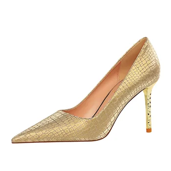 

Brand Design Women Pumps Gold Crocodile Pattern Slim High Heels Creative Strange Heel Slip on Ladies Stiletto Party Shoes Woman