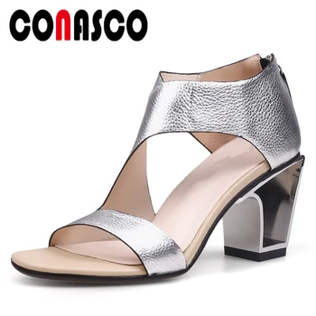 

CONASCO New Summer Fashion Fretwork Women Sandals Genuine Leather Pumps High Heels Party Wedding Casual Back Zipper Shoes Woman