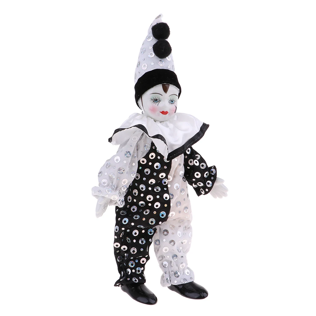 9 Inch Porcelain Smiling Clown Doll Wearing Classic Outfits, Funny Harlequin Doll, Circus Props, Halloween Decor