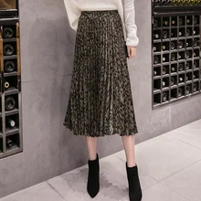 Новинка, Женская винтажная юбка, леопардовая расцветка, плиссированные юбки средней длины для девушек, эластичная высокая талия, женские юбки до середины икры