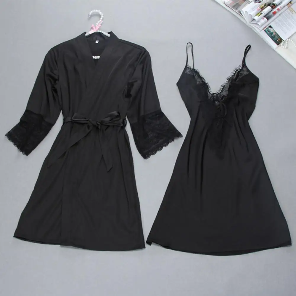 Сексуальный женский пижамный комплект, однотонный кружевной халат с длинными рукавами, ночная рубашка, 2 предмета, костюмы Camisa Noite Mulher Новое поступление, горячая Распродажа Y