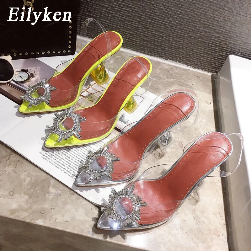 Eilyken желтые прозрачные женские туфли из ПВХ лодочки с острым носком и кристаллами