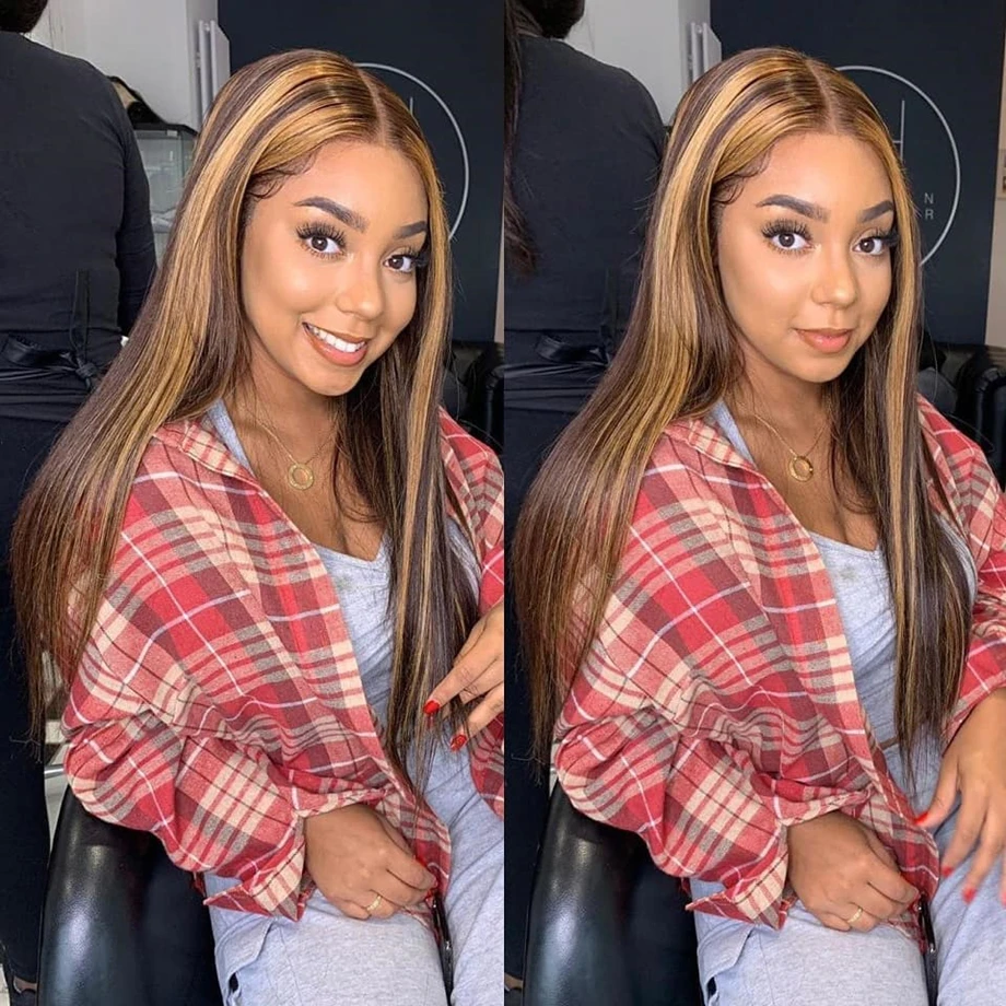 Straight Highlight Wig 13x1 Lace Part Human Hair Ombre Brown Honey Blonde Brazilian Remy Short Long Wigs For Women Pre Plucked