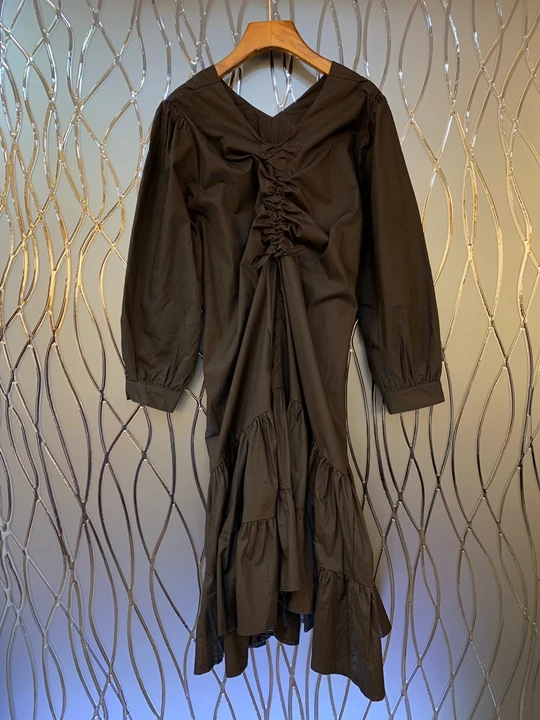 Early Autumn New Woman Front and Back V-Collar Fold Drawstring Decoration Pure Long-sleeved Fishtail Dress 818