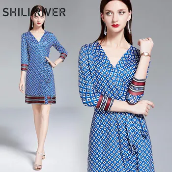 

Spring autumn designer fashion mini dress for women three-quarter sleeve loose casual elegant V neck floral dresses belt blue