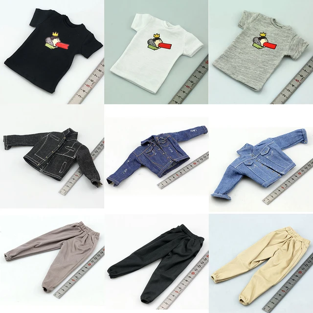 1 / 6 스케일 패션 남성용 데님 코트 자켓 인쇄 반소매 티셔츠 기타 활동 바지 바지 모델