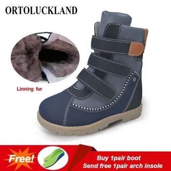 

Ortoluckland New Kids Boys Boots Cow Leather warm Snow Shoes Children Winter Plush Knight Boots Girls Orthopedic Round Toe Shoes