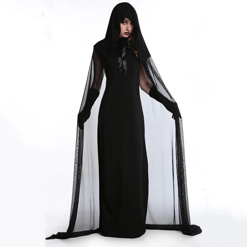 Women kid Halloween party cosplay black ghost grim peaper vampire costume black witch bride dress costumes cape for adult
