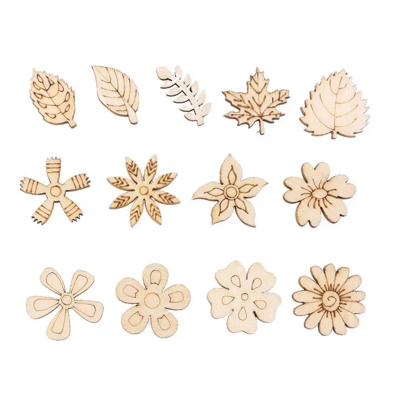 

200 pcs Wooden Pieces Flower Leaves Educational Creative Cutouts Slice for Embellishments Doodle DIY Scrapbooking