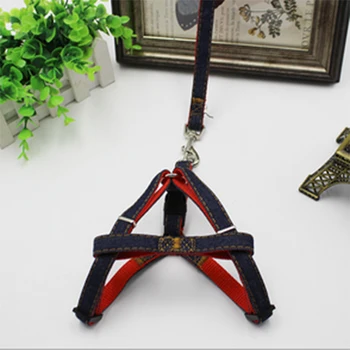 

Dog denim stitching pet chain dog chest back traction rope 2 piece set