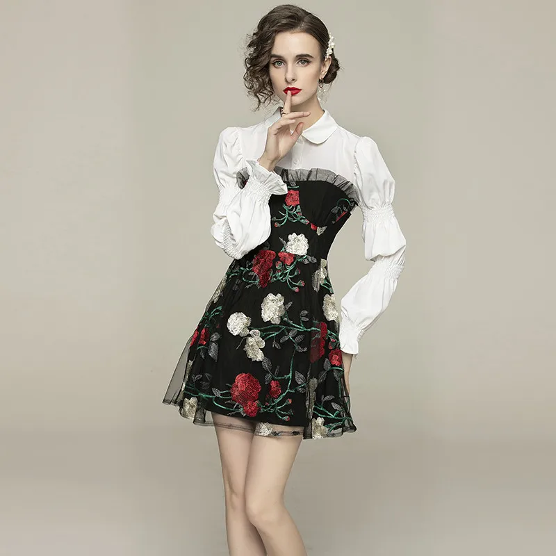 

2021 Summer Temperament Doll Collar Shirt Dress Women Floral Embroidery Mesh Patchwork High Waist Party Dresses