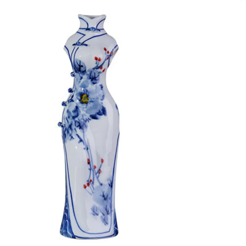 Chinese Style Freehand Sketching Blue And White Porcelain Cheongsam Ceramics Vase Creative Living Room Entryway Ornaments x2599