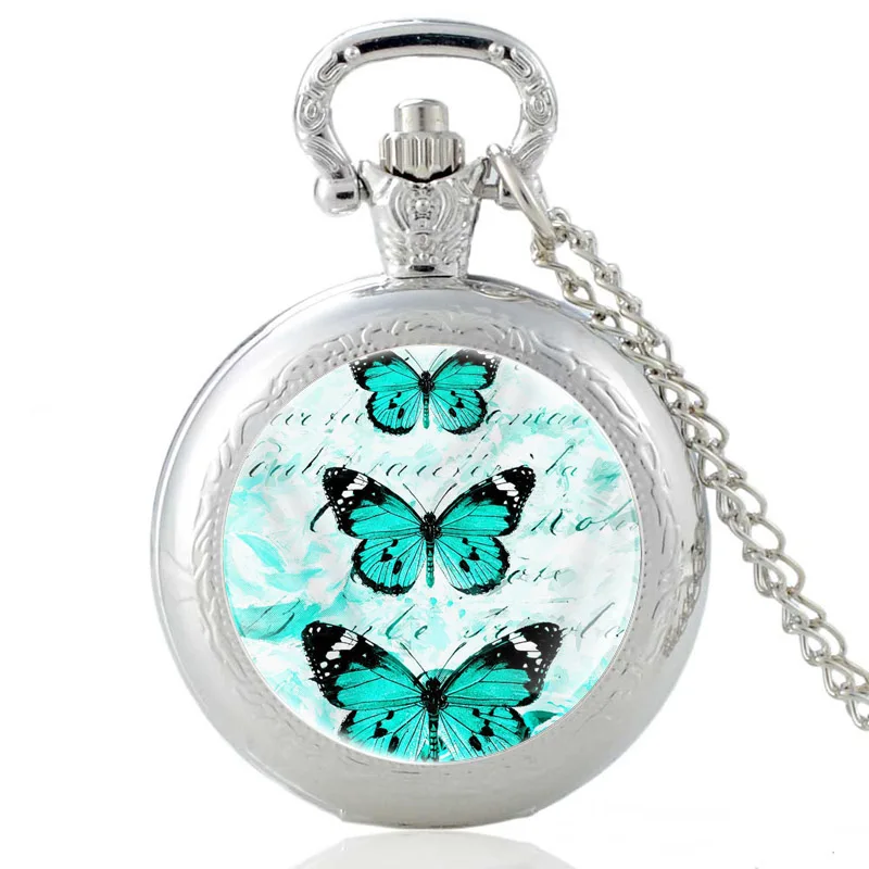 

High Quality Silver Pretty Blue Butterfly Glass Dome Classic Women Necklace Pendant Jewelry Birthday Gift