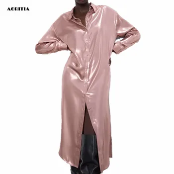 

2020 Spring Women Pink Blouses Long Sleeve Turn-down Collar Long Shirts