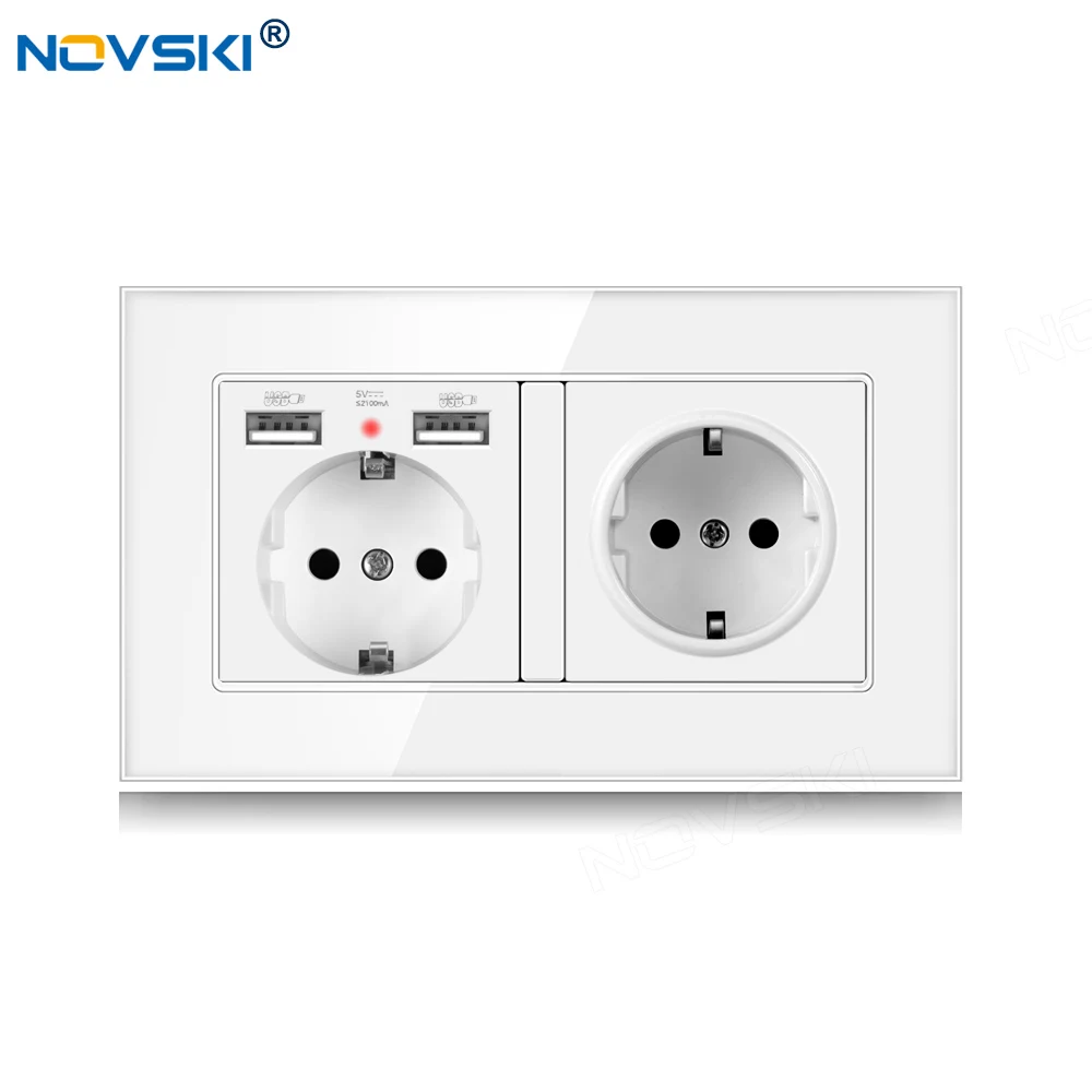 

146 EU Standard DIY Switch Socket Double Frame, Schuko Plug Type, 2.1A Dual USB Charging Outlet, German Bayer Base, White