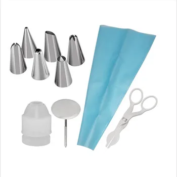 

10PC/Set Silicone DIY Icing Piping Cream Pastry Bag+6pc Cake Nozzle Tips Decorating Tools + Nail Lifter Needles+ Flower Scissors