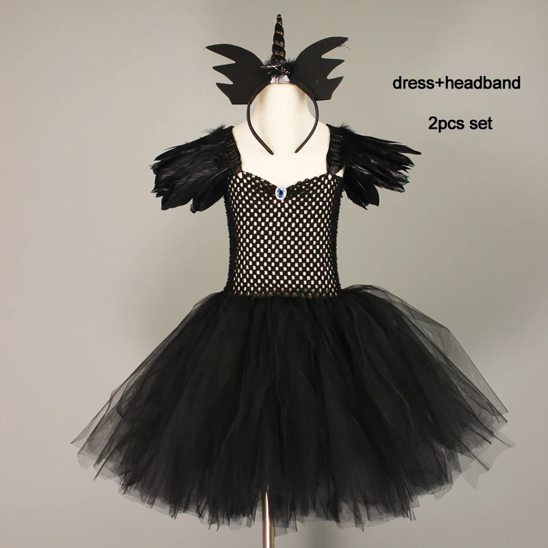 dress and headband Платье-пачка черного и темного цвета для девочек с v-образным вырезом и шлейфом; праздничное вечернее бальное платье для девочек; нарядные платья; Детский костюм ведьмы на Хэллоуин - Цвет: dress and headband