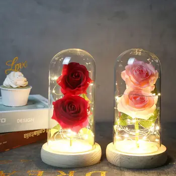 

Double Rose Flower And LED Light String In Glass Dome On Wooden Base The Best Gift For Women And Valentine's Day artificial