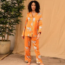 Women's Silk Loose Pajamas Long Sleeve New Product Set Home Wear Simulation Bridal Autumn Printed Trousers 2021 Comfortable