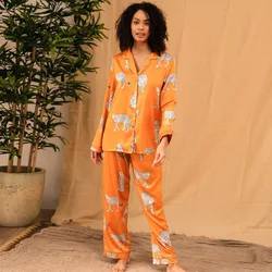 Women's Silk Loose Pajamas Long Sleeve New Product Set Home Wear Simulation Bridal Autumn Printed Trousers 2021 Comfortable
