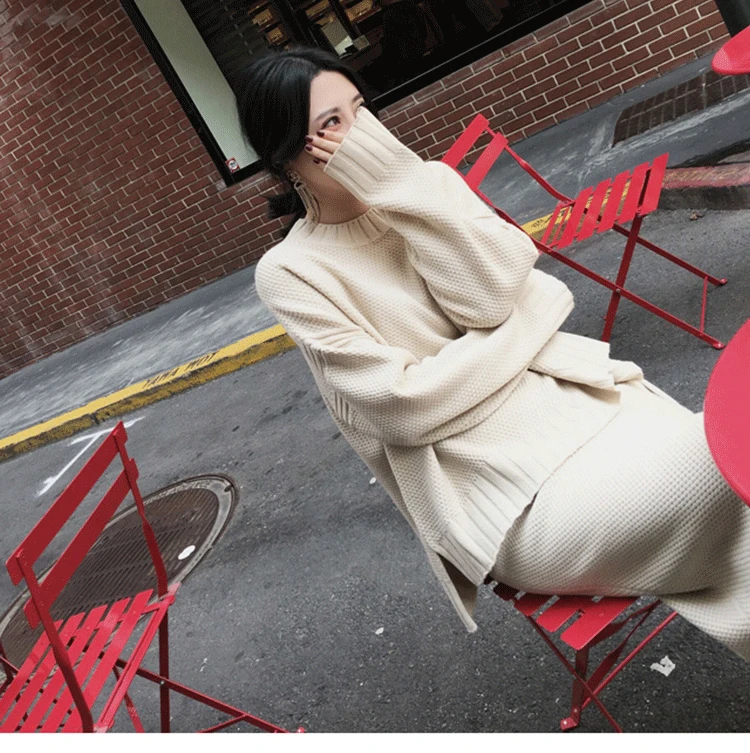 Trytree/осенне-зимний женский костюм из двух предметов, повседневный пуловер с круглым вырезом, однотонные Топы + юбки, до колена, офисный