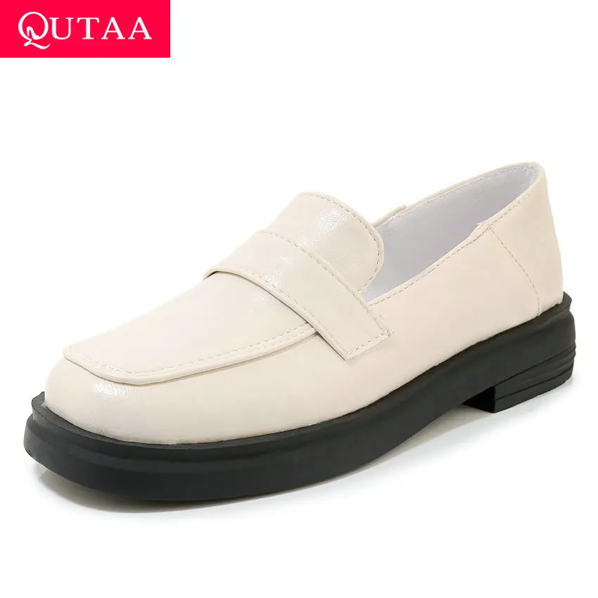 

QUTAA 2020 Spring Autumn Square Heel Round Toe Women Pumps PU Leather Platform Casual Slip on Women Single Shoes Big Size 34-43
