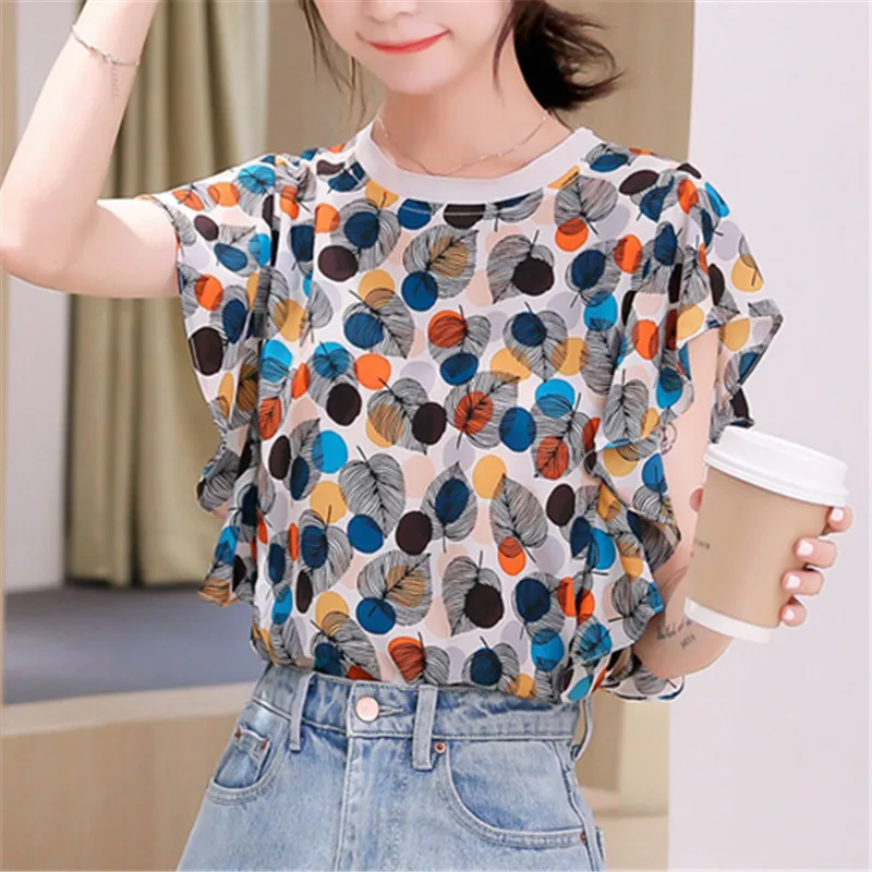 

Summer Casual Blouses Shirts Women New 2019 Fashion Korean Style Batwing Short Sleeve O Neck Print Chiffon Shirt Female Tops