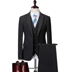 Мужской деловой Повседневный серый шерстяной костюм three-кусок костюм (куртка + брюки + жилет) мужской деловой строгий костюм большого