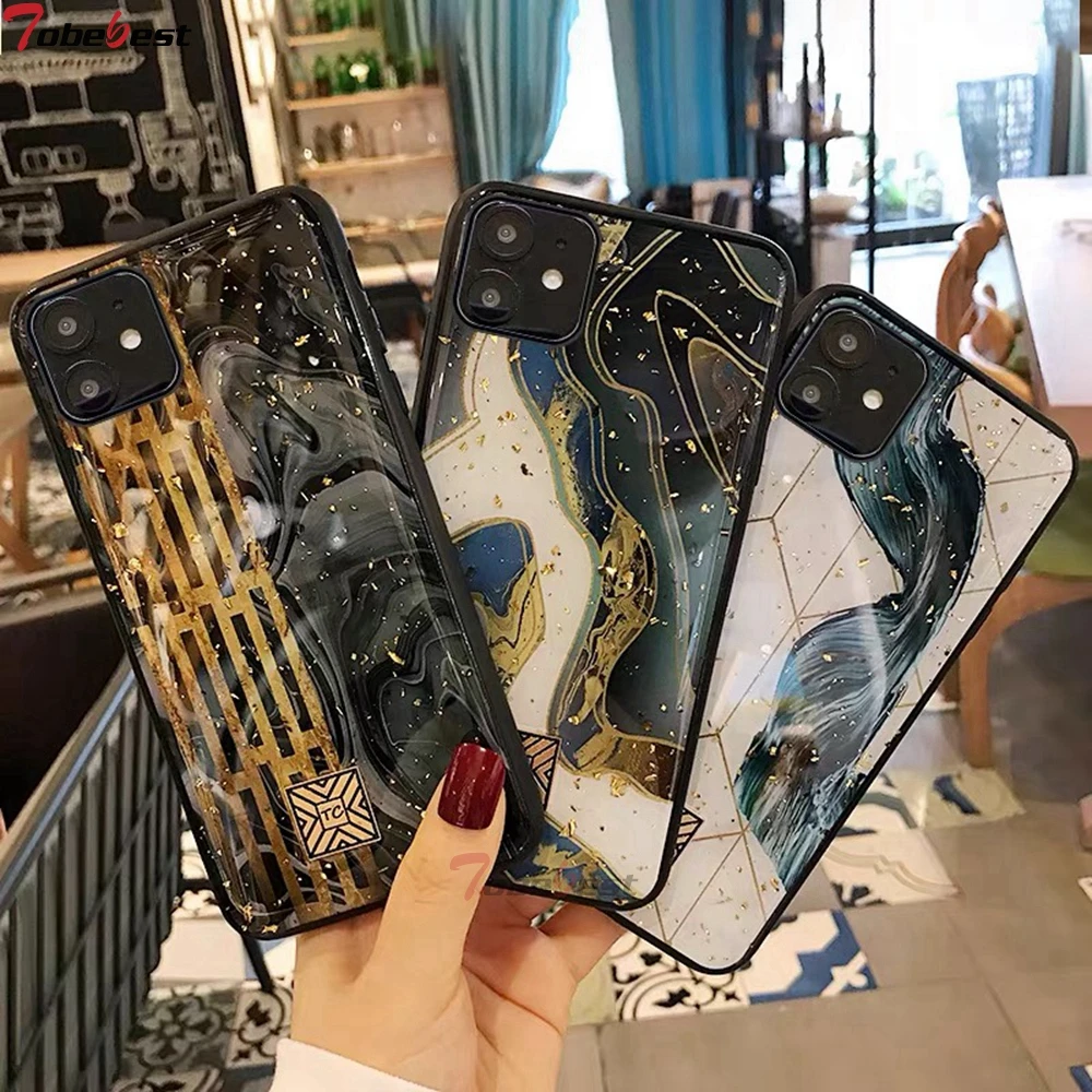 Чехол для iPhone 11 Pro Max XR XS X 7 8 Plus из золотой фольги с мраморным блеском шикарный