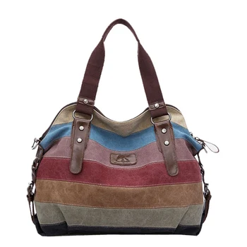 

FGGS-Ladies Canvas Shoulder Bag Fashion Messenger Bag Casual Beach Bag Striped Shopping Tote Bag Handbag Rainbow Stripes