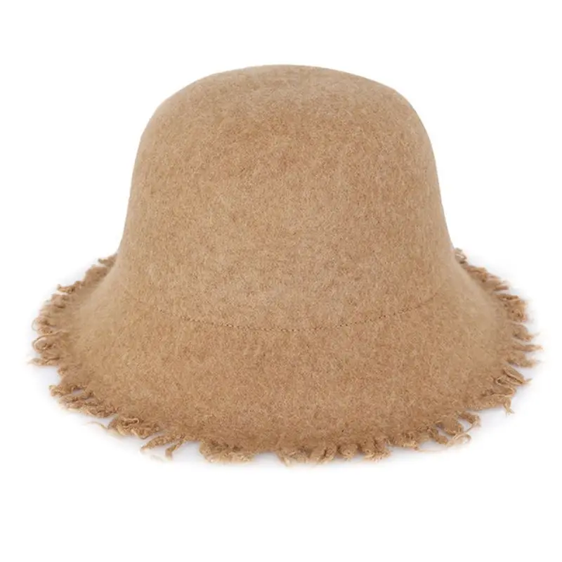 Women Girl Faux Wool Warm Church Floppy Cloche Hat Tassels Wide Brim Bucket Cap 517D