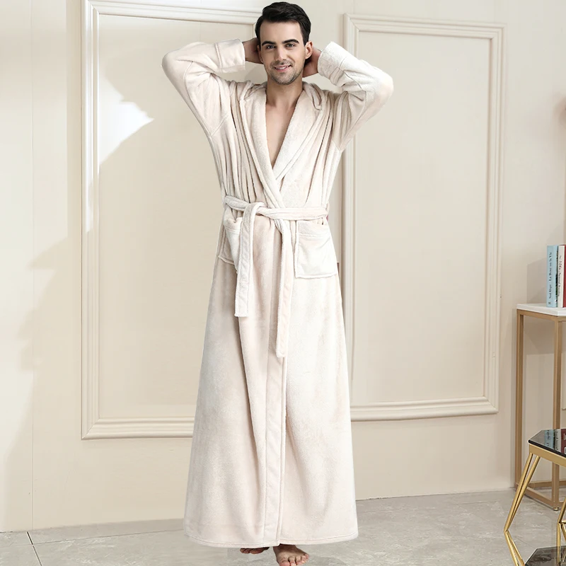 Men Beige Зимний удлиненный теплый фланелевый Халат с капюшоном для мужчин и женщин, роскошный Теплый банный халат, мягкий шелковый халат, мужские халаты - Цвет: Men Beige