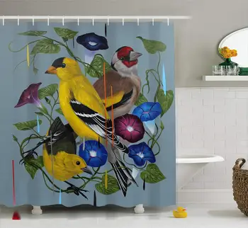 

Birds Printed Shower Curtain Purple Blue Morning Glory Light Blue Bath Curtain Bathroom Decor Waterproof Jungle Polyester Fabric